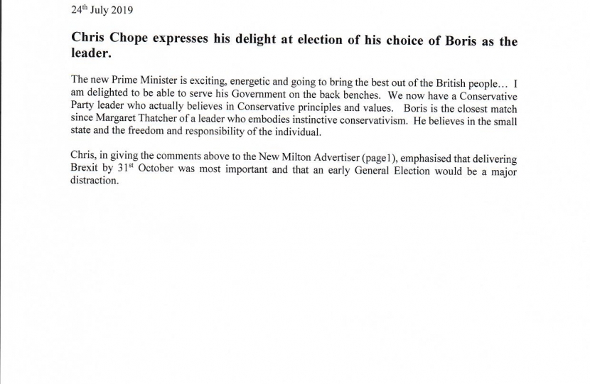 Chris Chope expresses his delight of his choice of Boris as the leader.